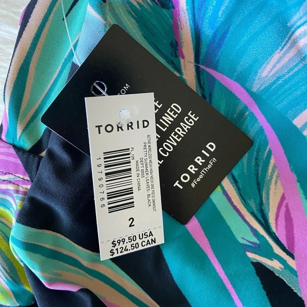 torrid Wireless Mesh High Neck One Piece Swimsuit - Pretty Summer Leaves, Sz. 18